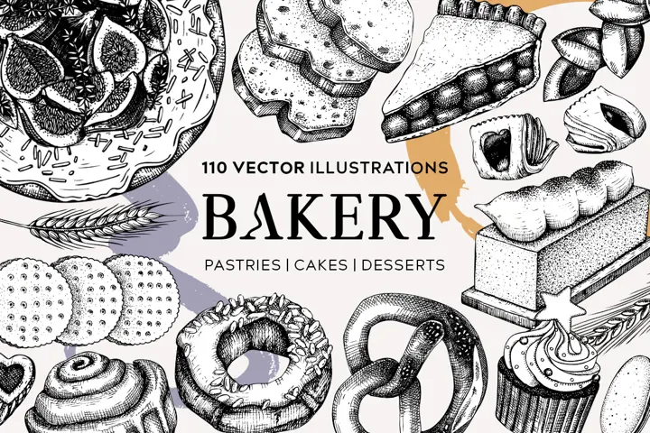 Bakery items collection. Cakes, pastries, cookies hand drawn illustrations. Food vector sketches.